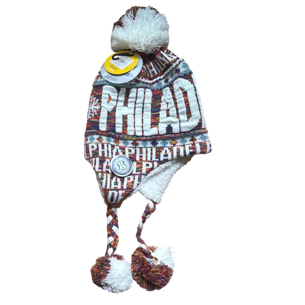 Robin Ruth Philadelphia Earflap Red Beanie Sherpa Lined Knit Pom Pom Hat NEW